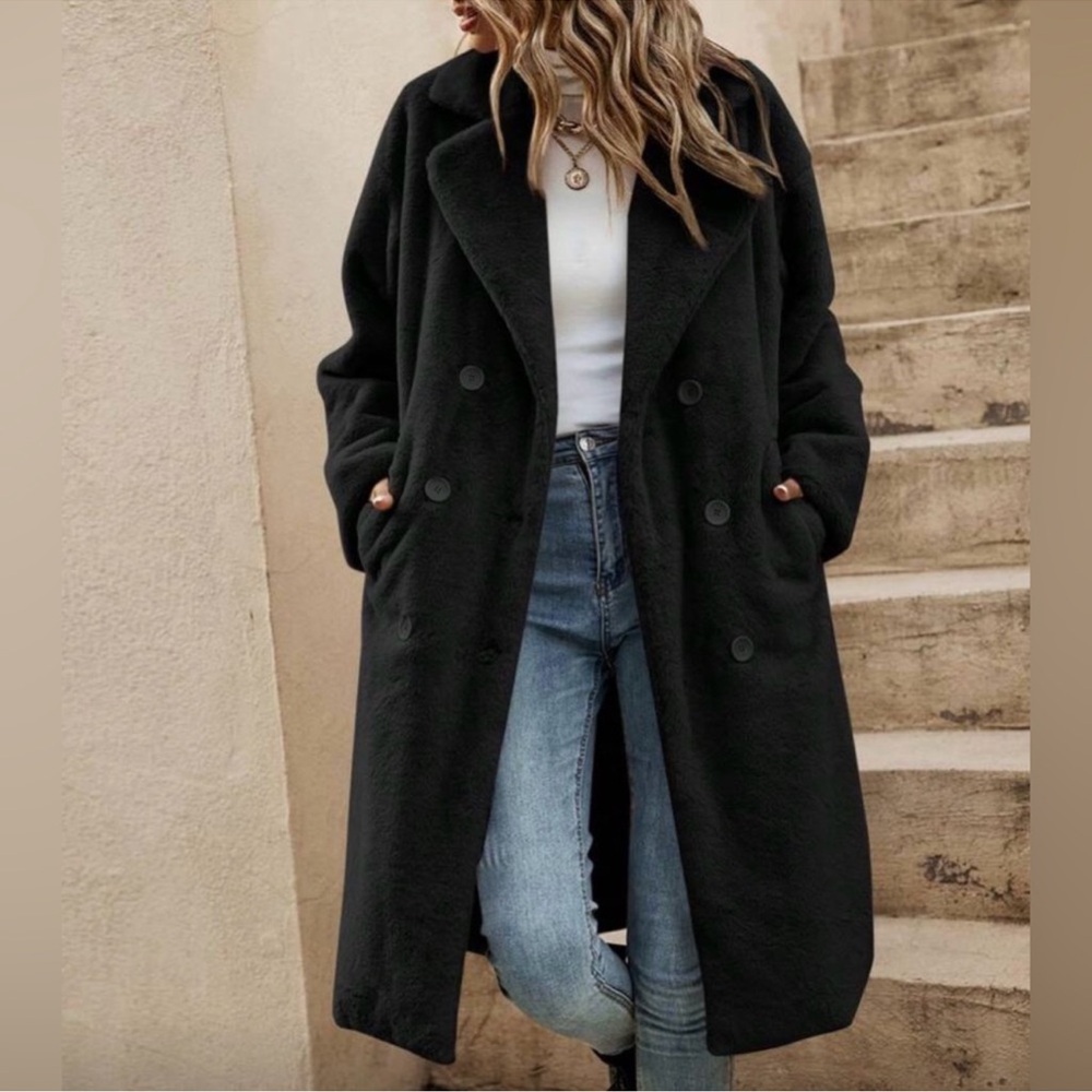 Cozy Solid Black Button Teddy Jacket Coat S M L